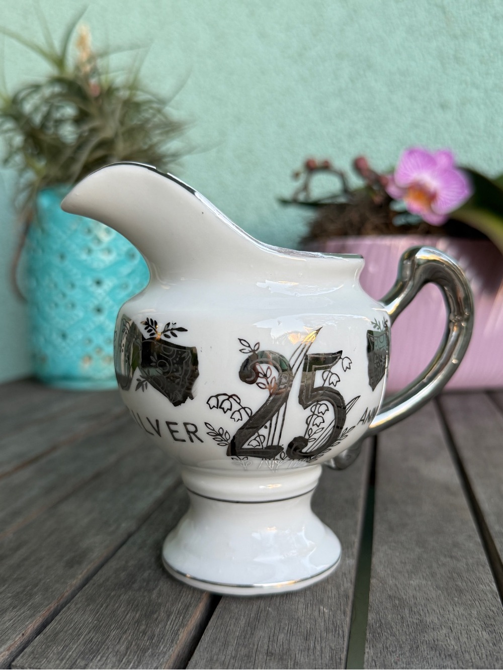 White Porcelain 25th Anniversary Creamer with Silver bells Trim